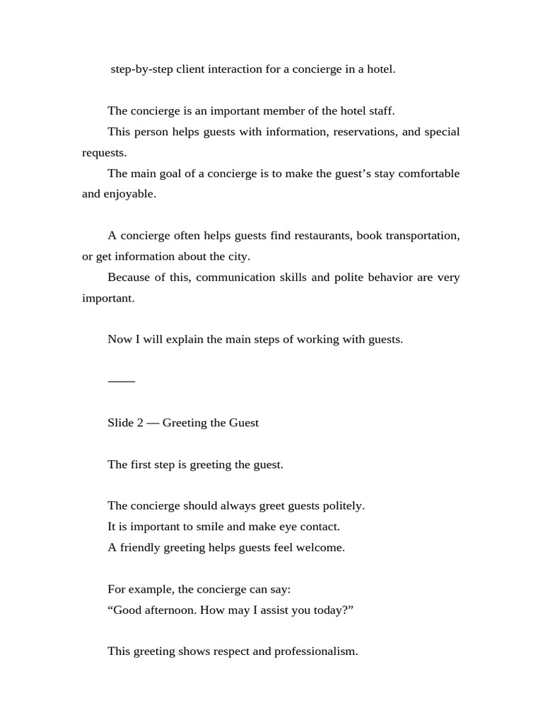 Step-By-step Client Interaction for a Concierge in a Hotel. | PDF