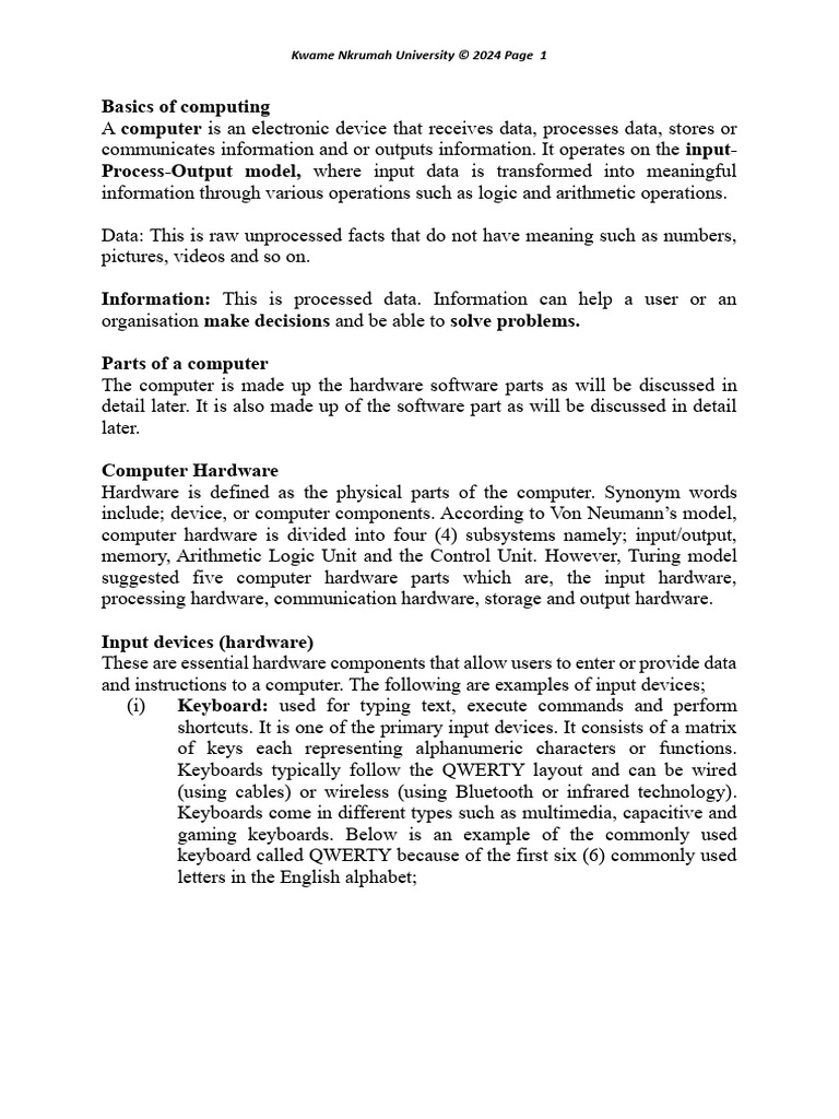 Basics of Computing, Computer Hardware - Inputer DevicesNotes | PDF ...