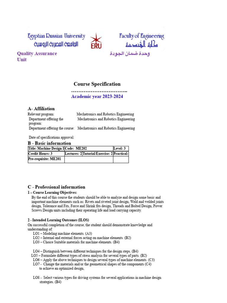 Course Specification of ME202 - Machine Design I | PDF | Engineering ...
