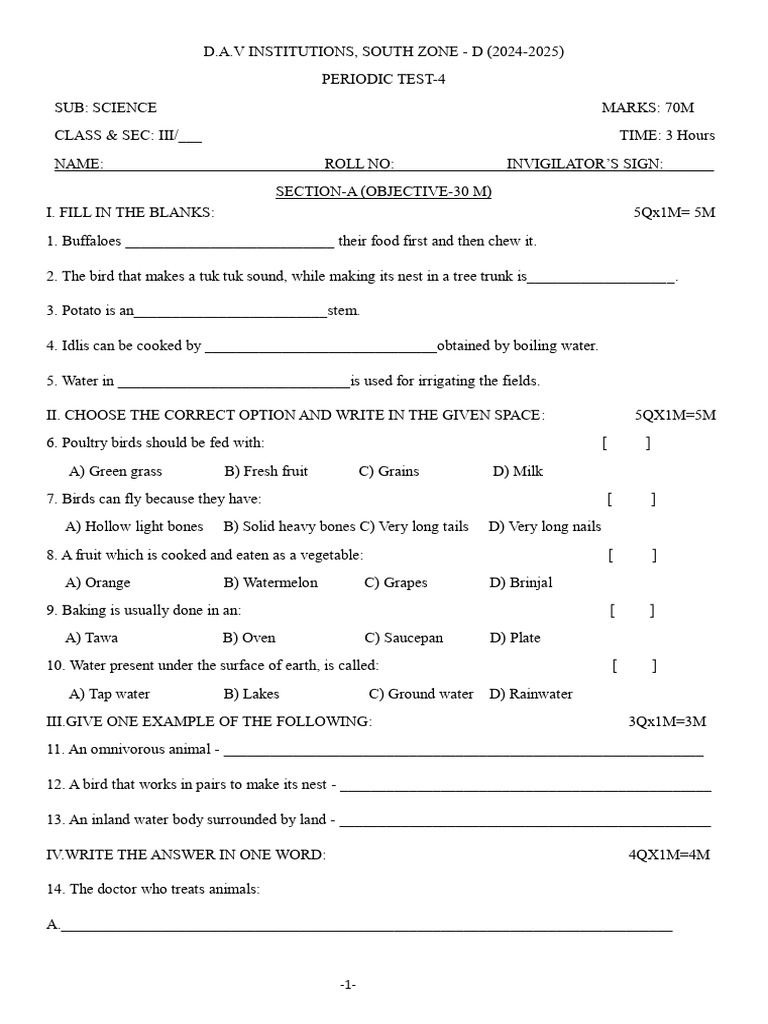 Class 3 Science QP | PDF | Foods | Vegetables