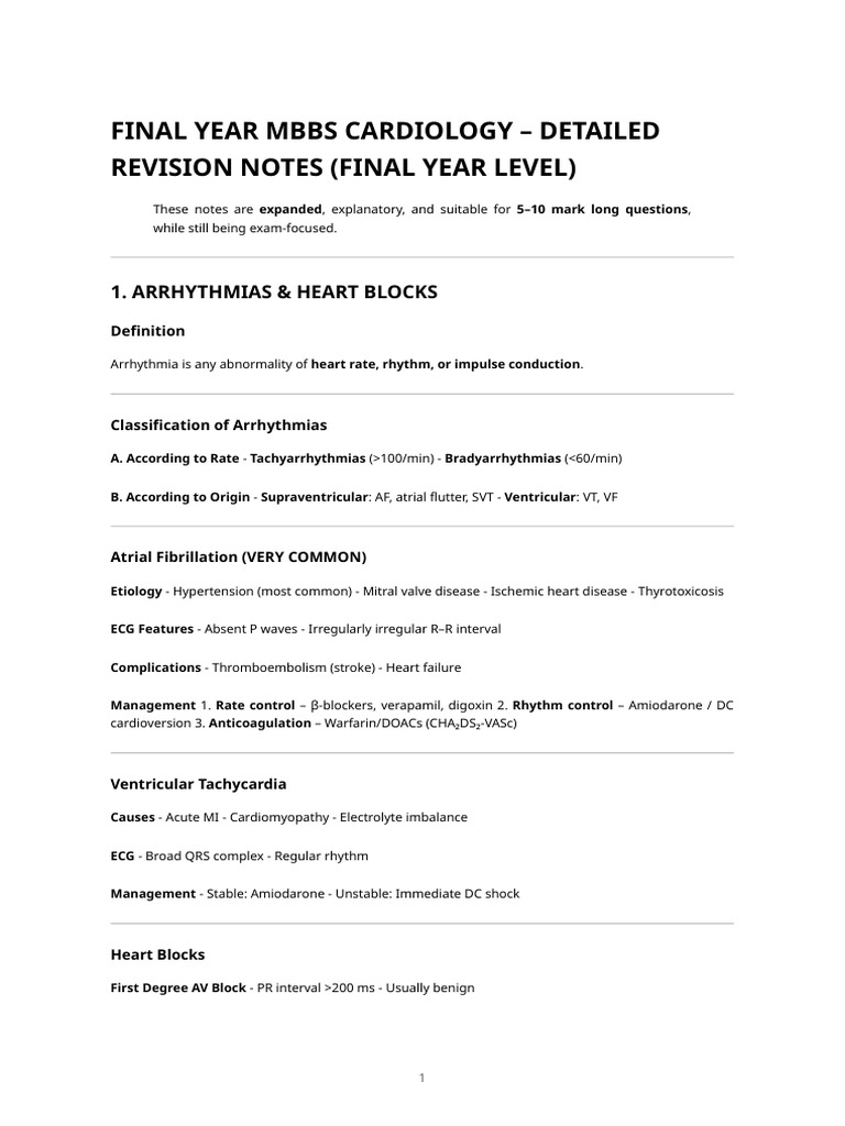 Final Year Mbbs Cardiology - Rapid Revision Notes | PDF | Heart | Heart ...