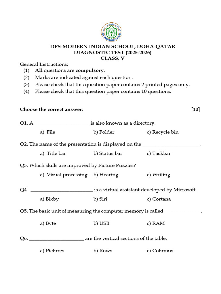 Grade v - Diagnostic Test Question Paper 2025-26 | PDF