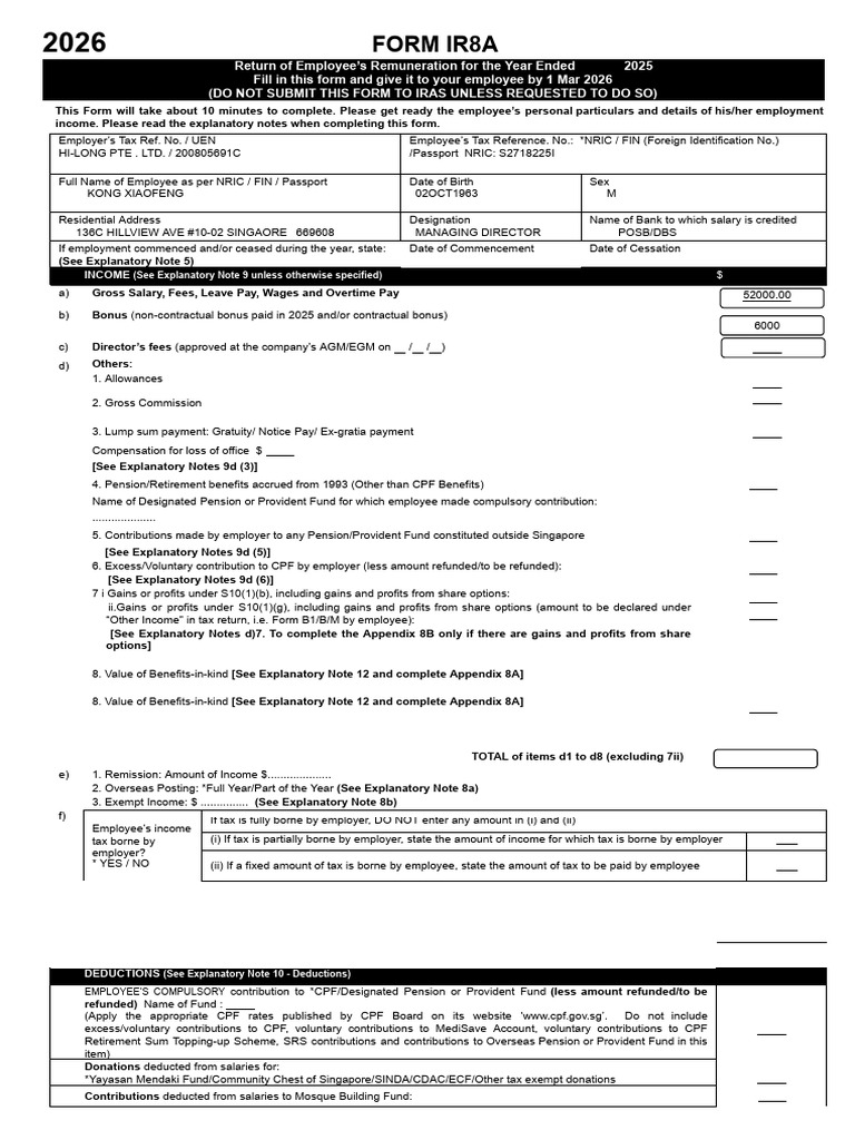 KONG XIAOFENG Form Ir8a for Ya 2026 Google Docs | PDF | Pension ...