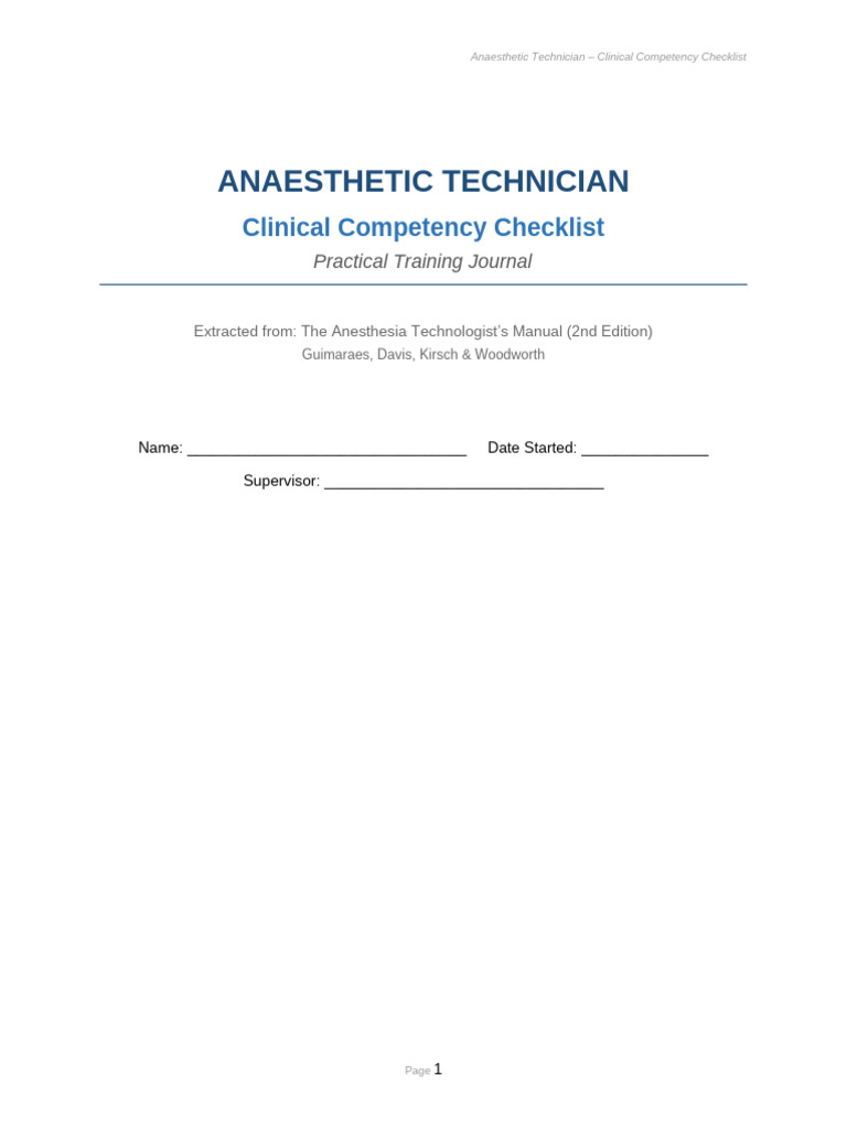 Anaesthetic Technician Clinical Competency Checklist | PDF | Anesthesia ...