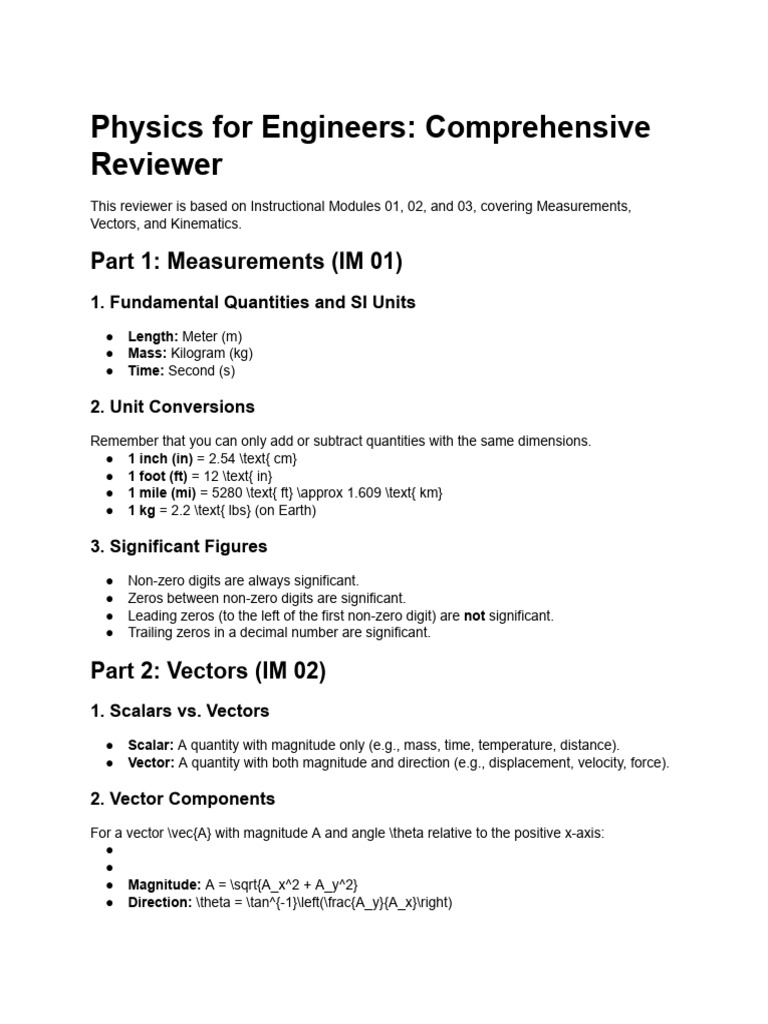 Physics for Engineers Reviewer | PDF | Euclidean Vector | Acceleration