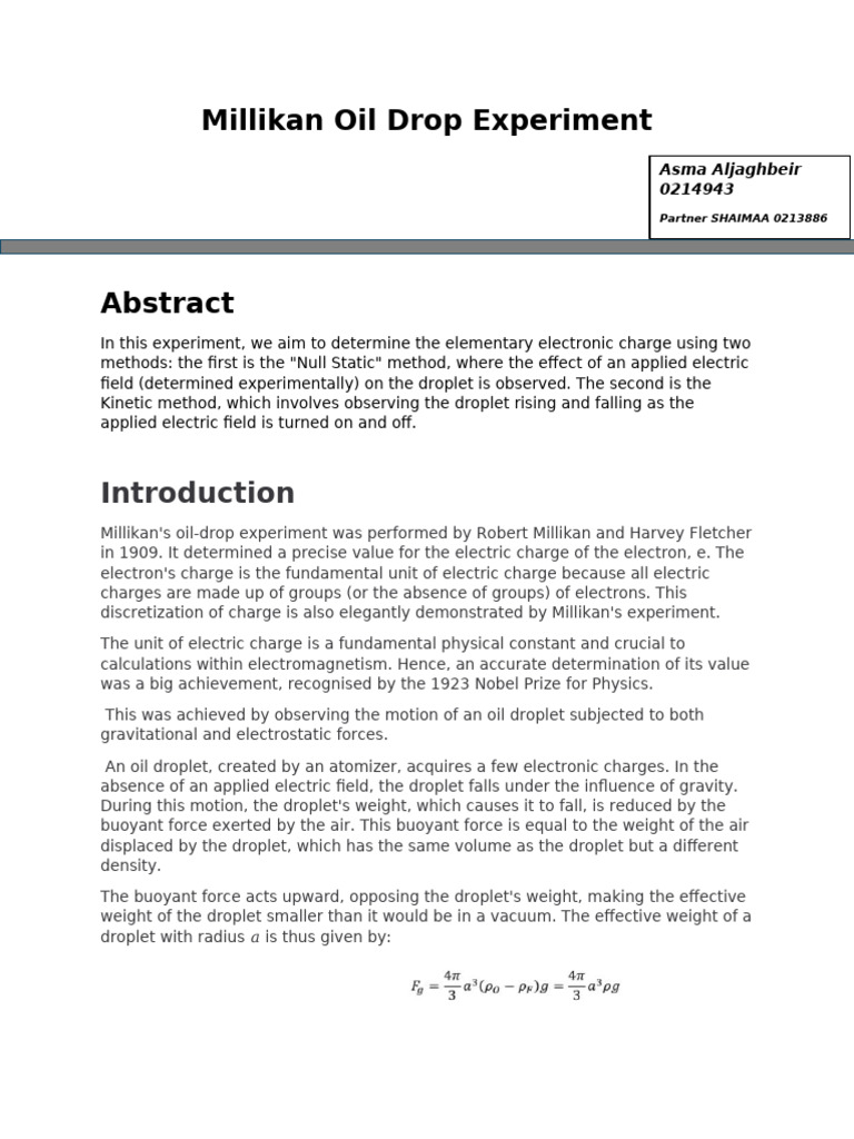 Millikan Oil Drop Experiment | PDF | Force | Electromagnetism