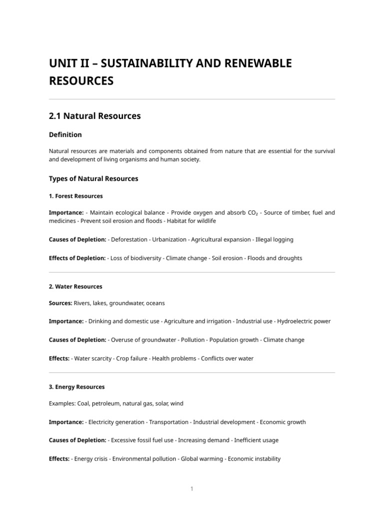 Unit II - Sustainability and Renewable Resources (Comprehensive Notes ...