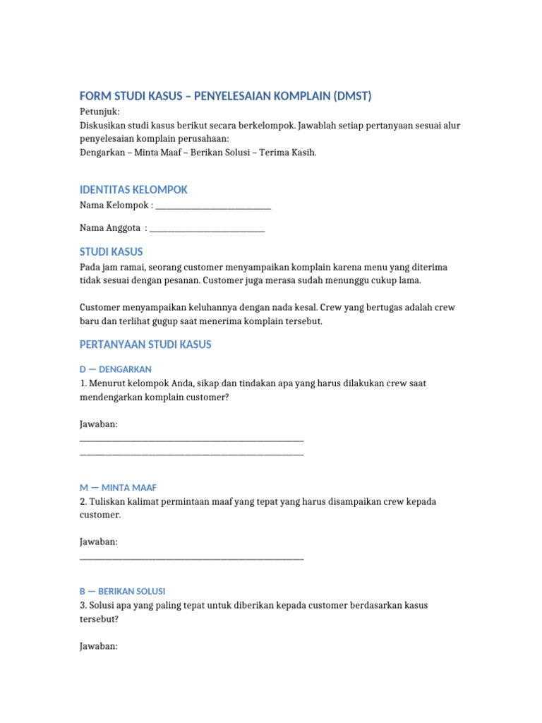 Form Studi Kasus Penyelesaian Komplain DMST | PDF