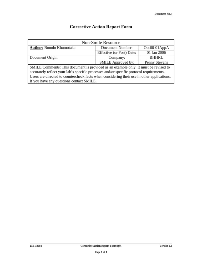 Occ00-01AppA Corrective Action Report Form | PDF