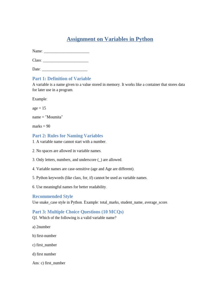 Assignment on Variables in Python (1) | PDF