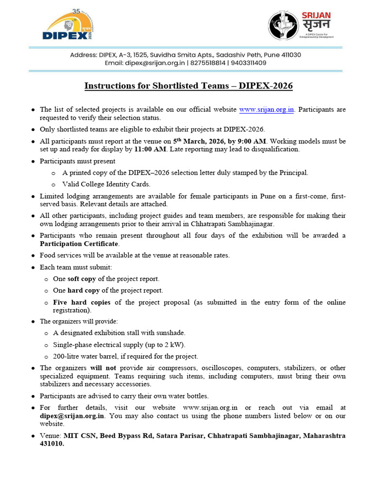 Instructions to Shortlisted Teams_DIPEX-2026 | PDF