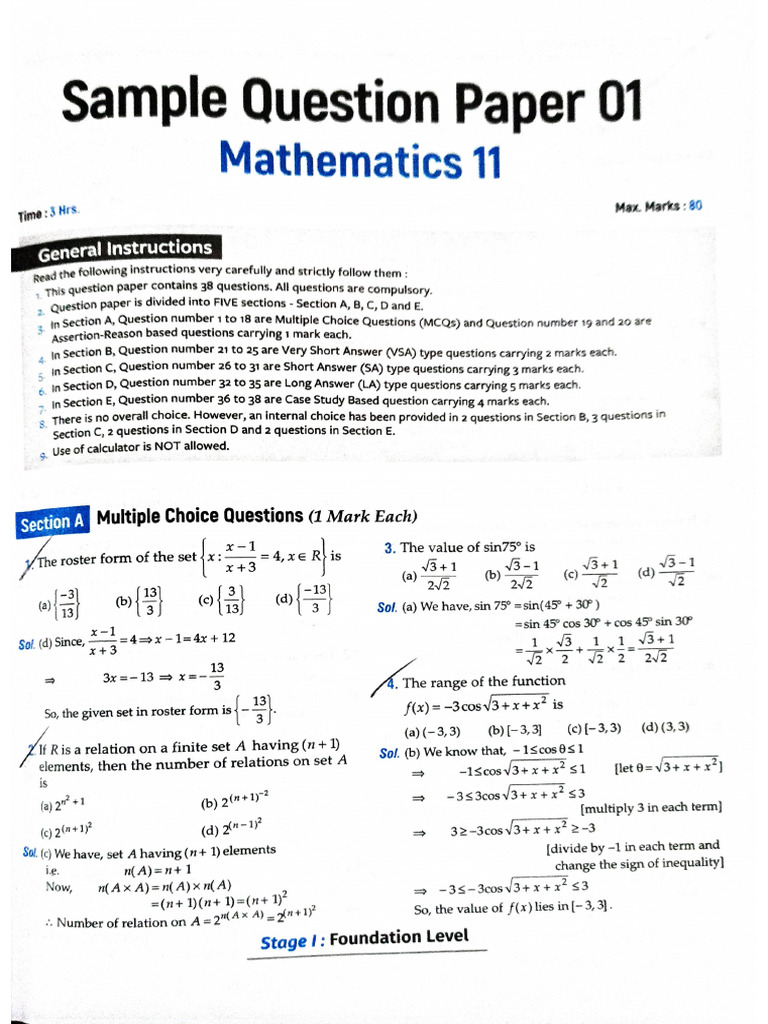 Sample Paper Class 11 Maths | PDF