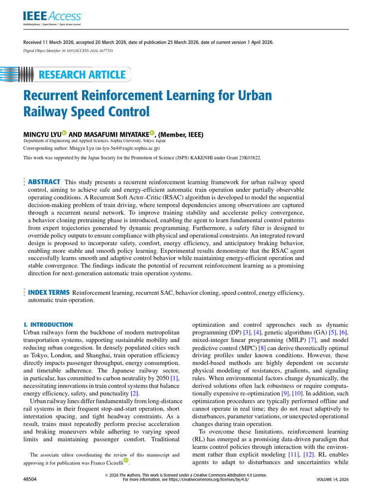 2026 GOOD Recurrent Reinforcement Learning for Urban Railway Speed ...