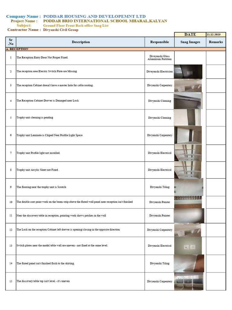 Snag List of Divyanshi Civil Work - Compressed | PDF | Door | Wall