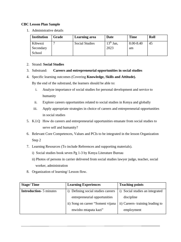 Cbc Sample Lesson Plan | PDF | Lesson Plan | Learning
