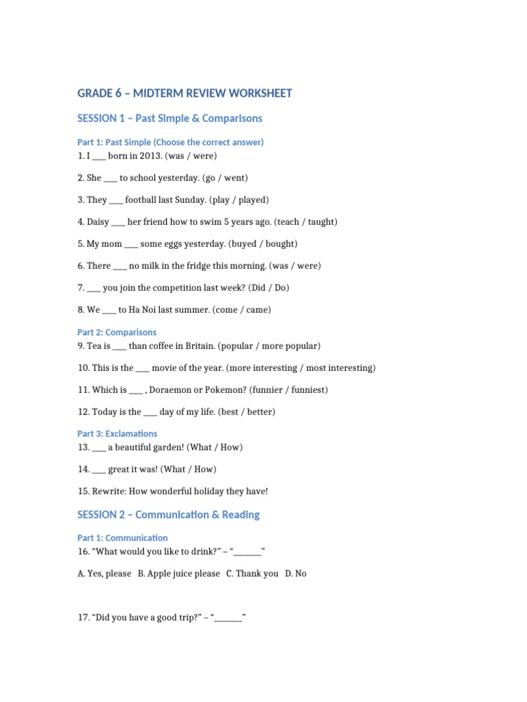 Grade 6 Midterm Review Worksheet | PDF