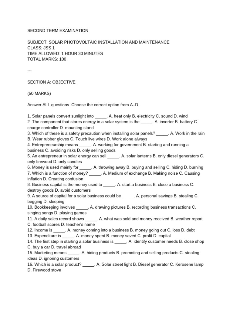 JSS 1 Solar Photovoltaic Installation and Maintenance Second Term Exam ...