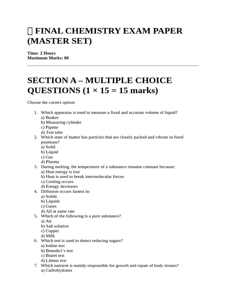 ? FINAL CHEMISTRY EXAM PAPER (1) | PDF | Liquids | Gases