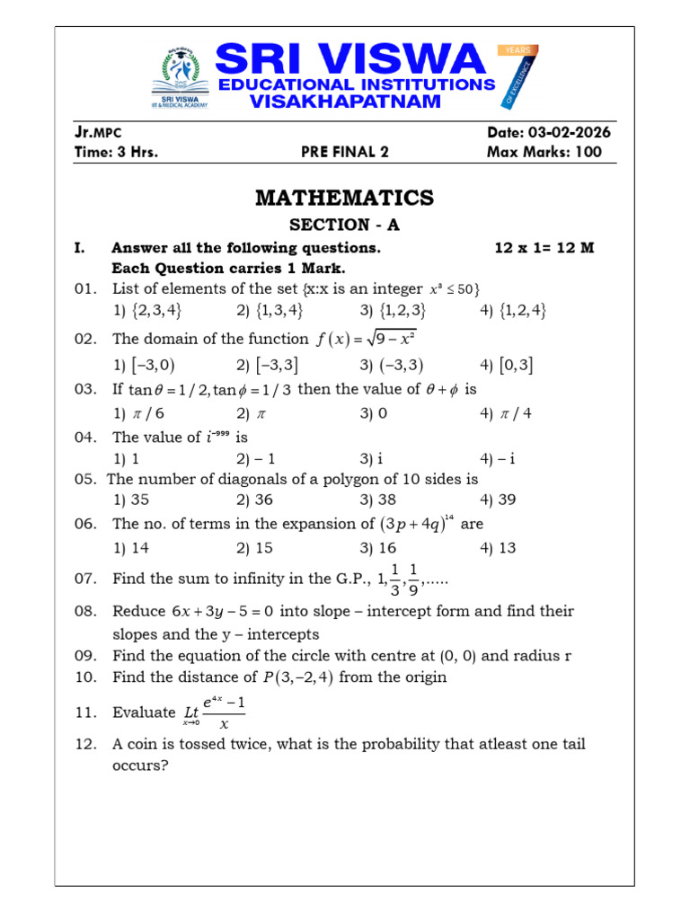 Jr Mathematics Pre Final-ii_question Paper_03!02!2026 | PDF | Circle ...