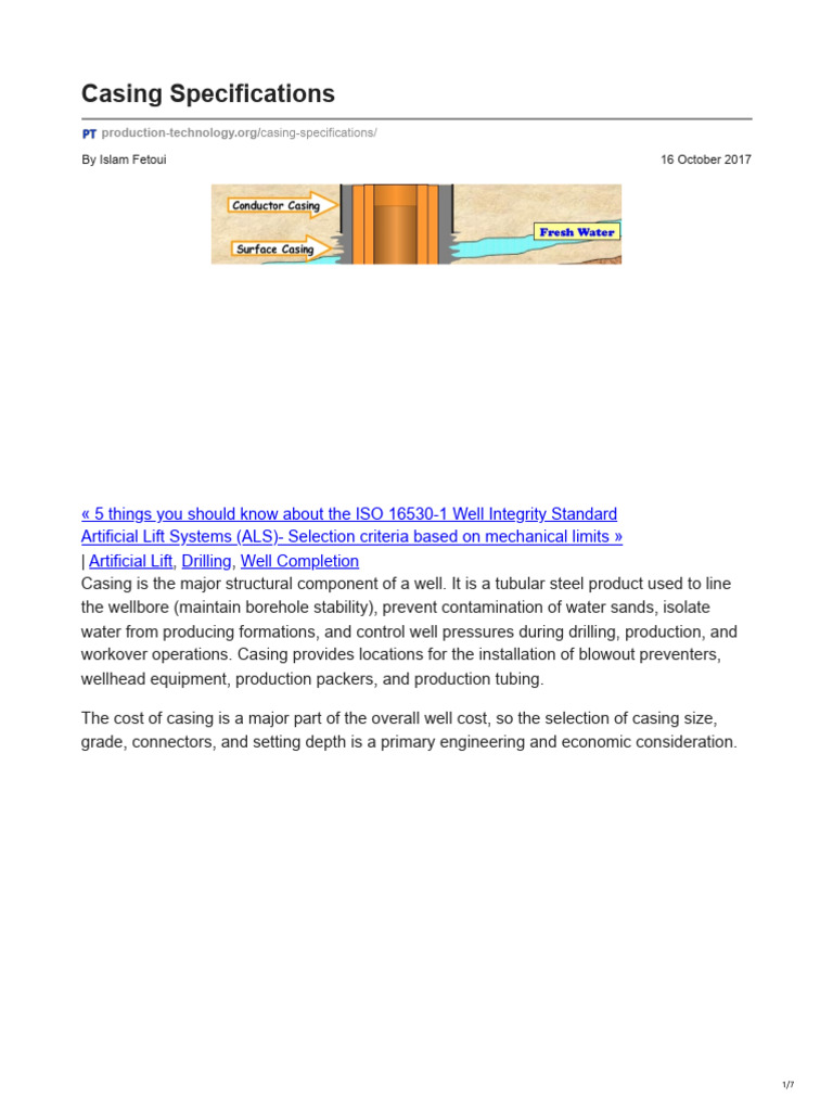 Production Technology.org Casing Specifications | PDF | Casing ...