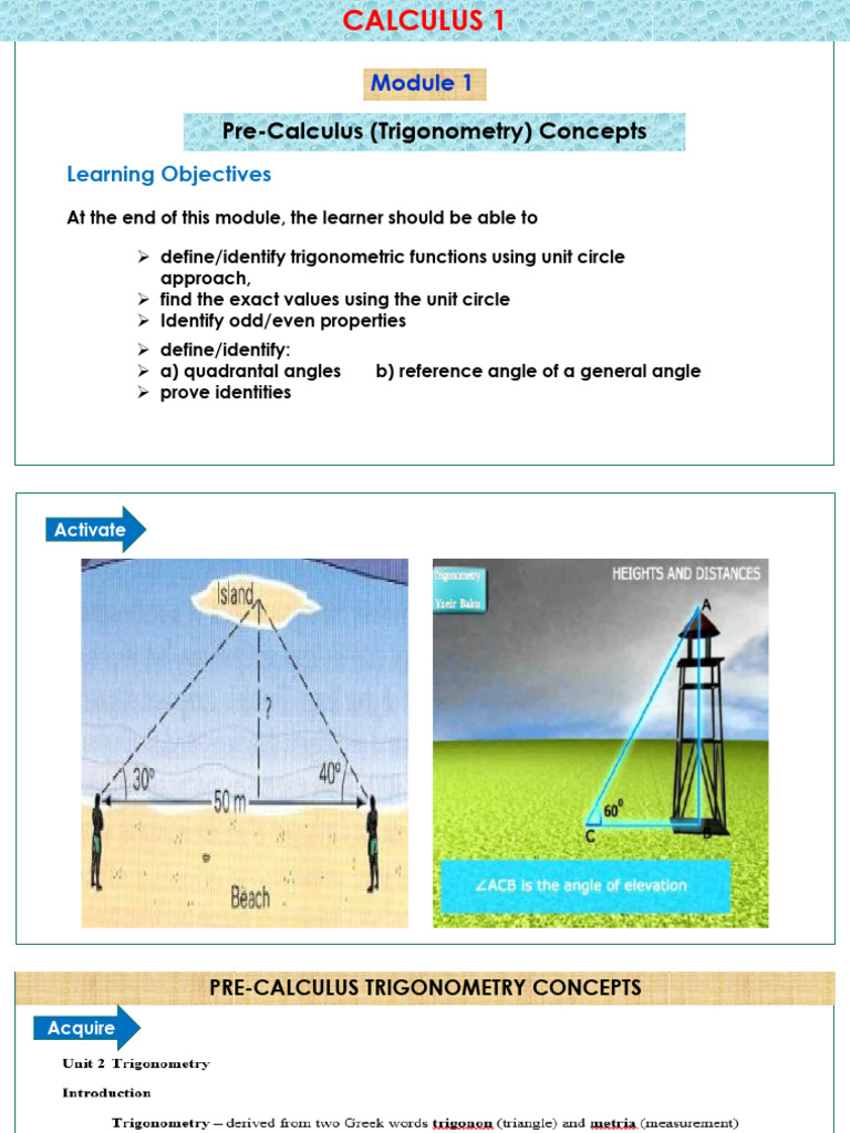 MODULE 1. Unit 2 Pre Calculus Trigonometry Concepts | PDF ...