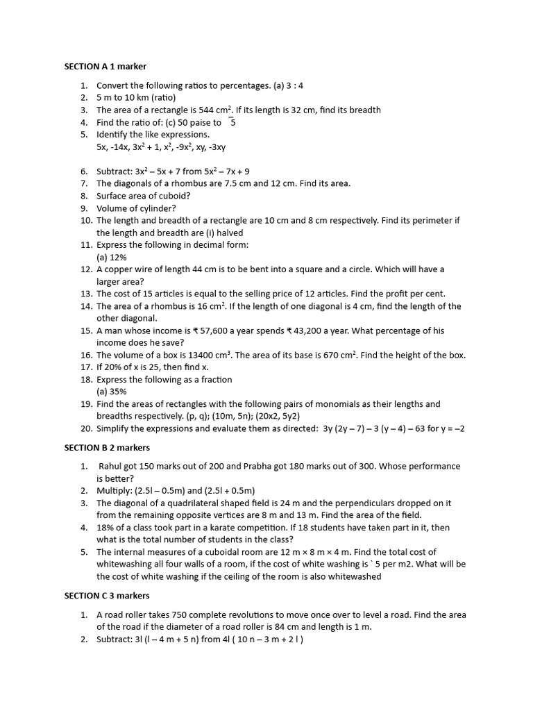 Section a 1 Marker | PDF | Area | Length