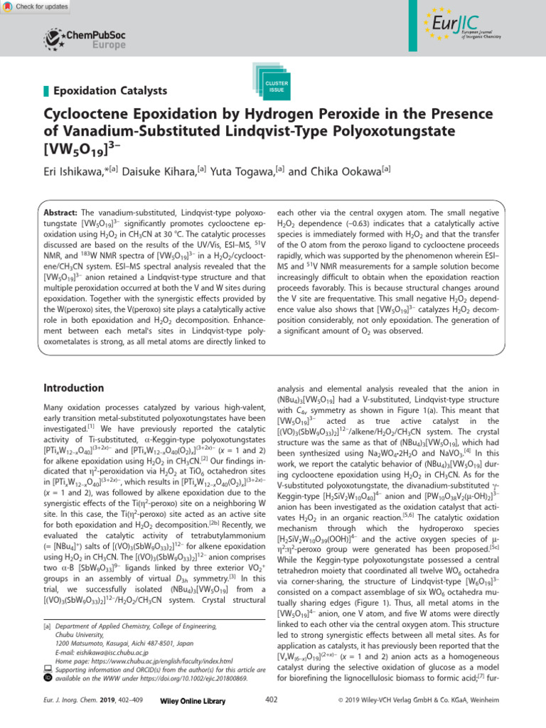 Eur J Inorg Chem - 2018 - Ishikawa - Cyclooctene Epoxidation by ...