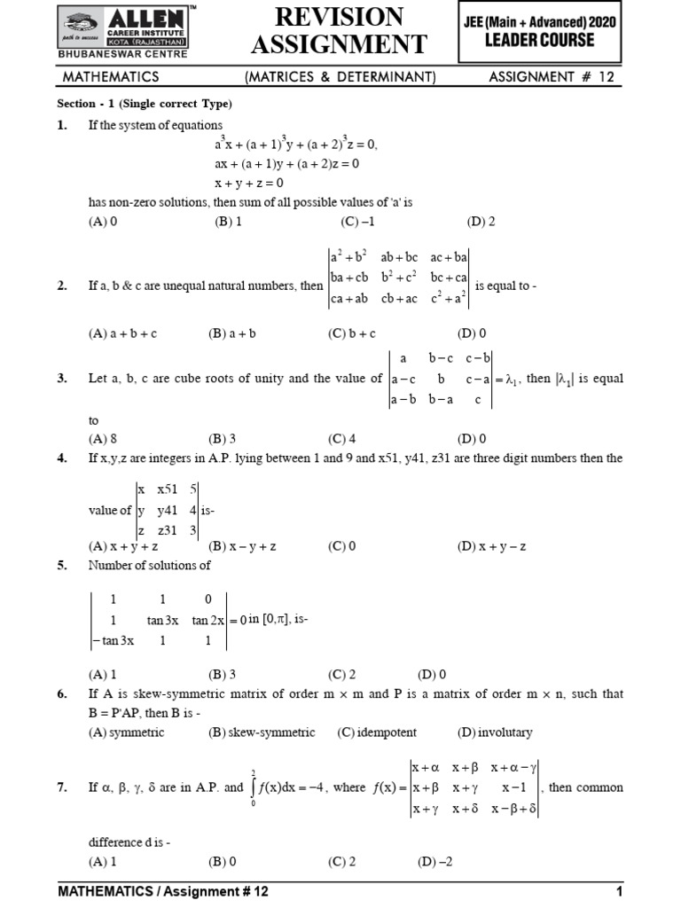 Assignment 12 Determinant | PDF