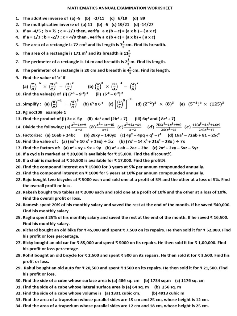 Mathematics Annual Examination Worksheet | PDF | Volume | Length