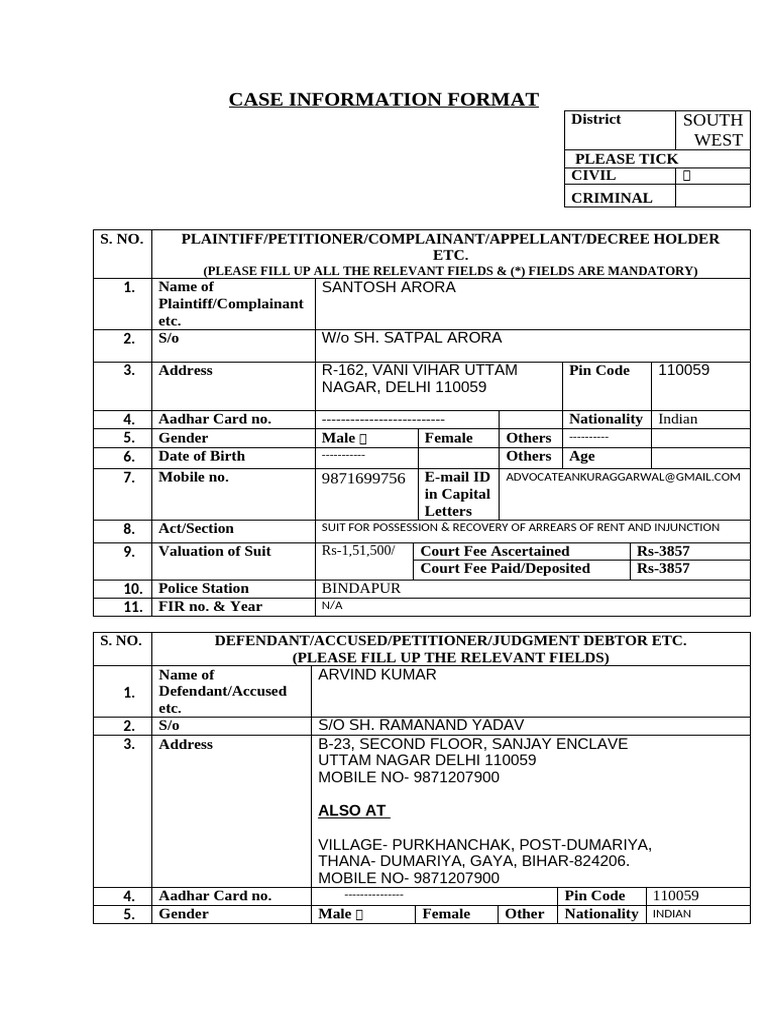 Case Information Format and Check List | PDF | Common Law | Judiciaries