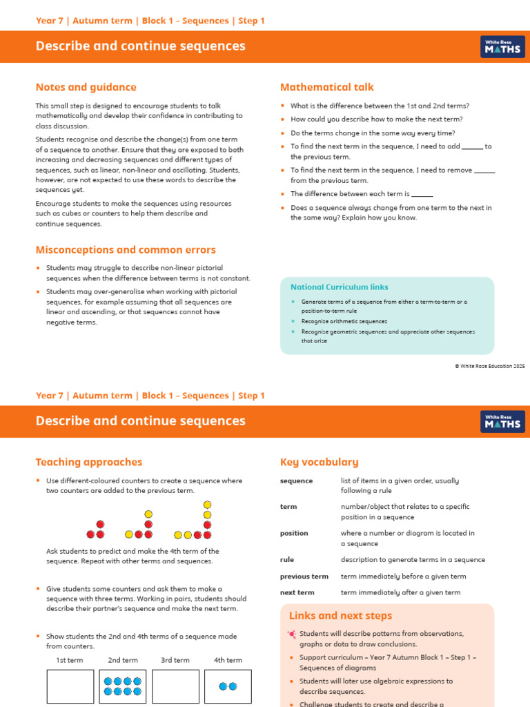 Y7 Autumn Block 1 SOL1 Describe and Continue Sequences | PDF | Sequence ...
