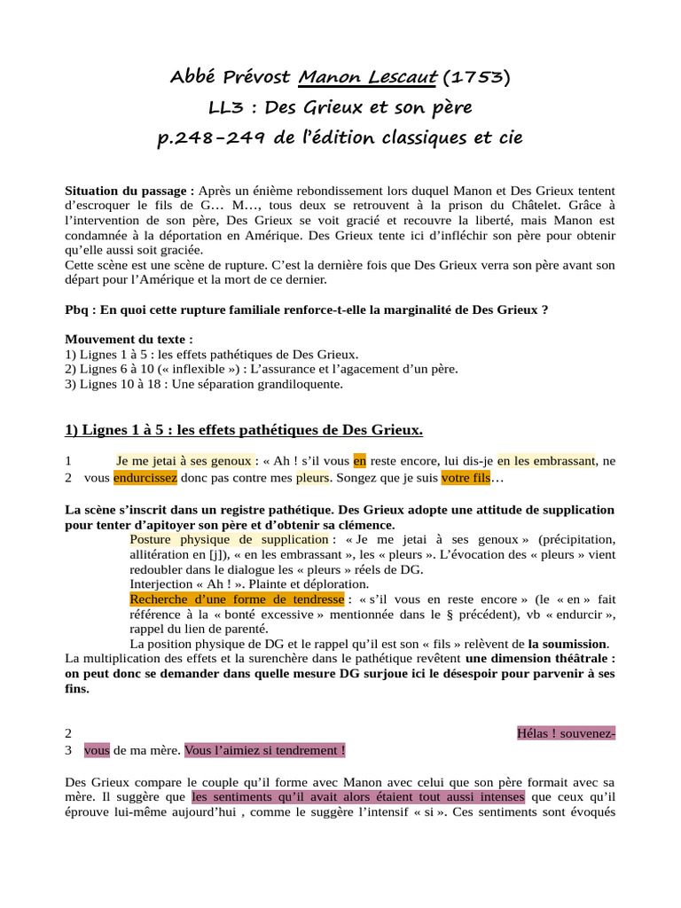 LL7 Des Grieux Et Son Père, Analyse | PDF | Linguistique