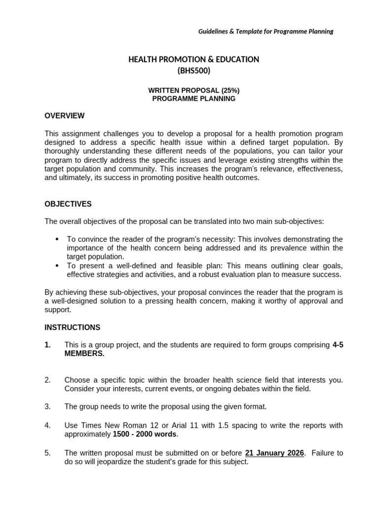BHS500 - Template for Health Promotion Program Planning | PDF