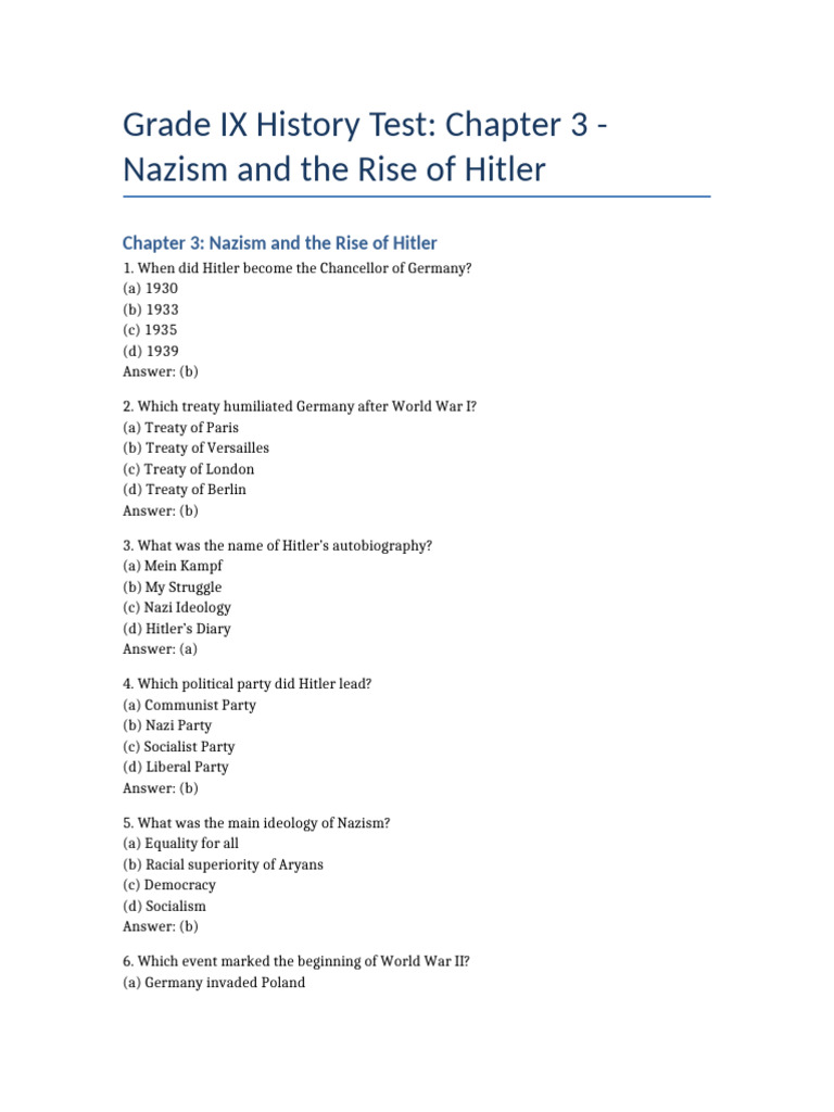 Grade_IX_History_Nazism_Test | PDF | Nazi Germany | Adolf Hitler