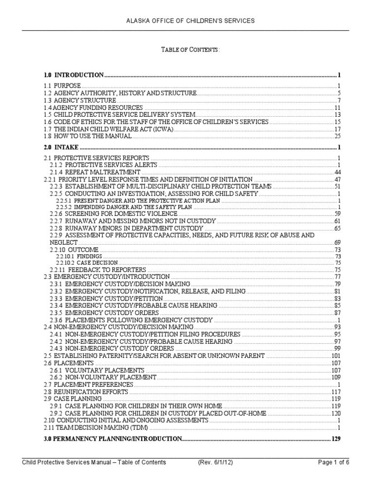 Alaska Children's Services, DHSS, Child Protective Services Manual