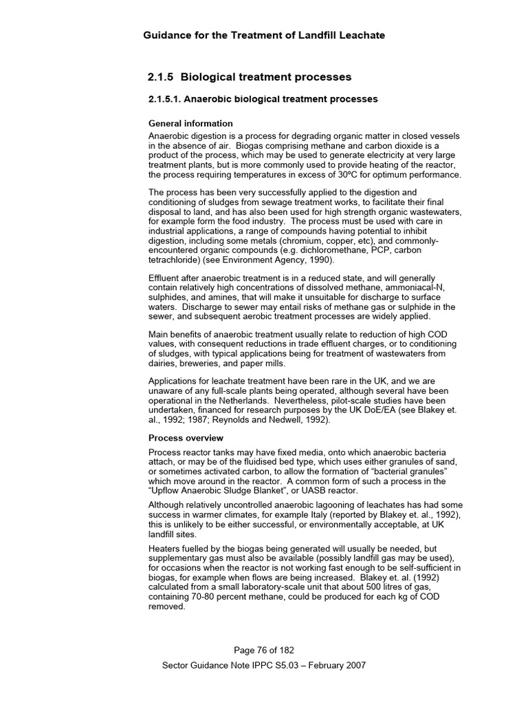 Guidance For The Treatment of Landfill Leachate Part 2 | PDF ...
