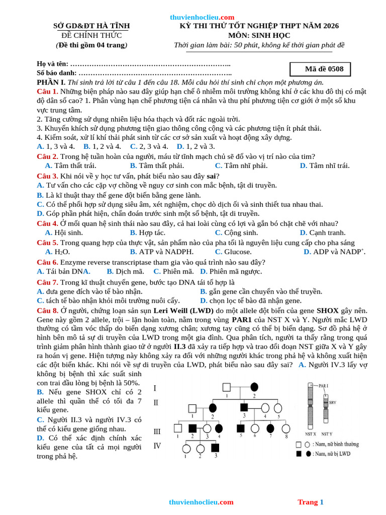 De Thi Thu TN THPT Mon SInh 2026 So GD Ha Tinh Lan 1 | PDF