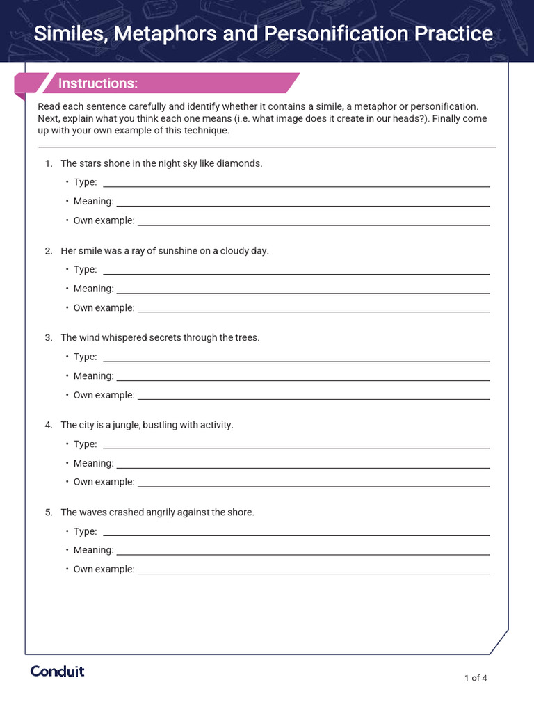 Identify Similes Metaphors and Personification Practice Ver 1 | PDF