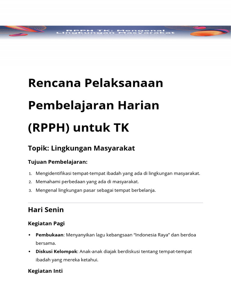 Rencana Pelaksanaan Pembelajaran Harian (RPPH) Untuk TK (1) | PDF