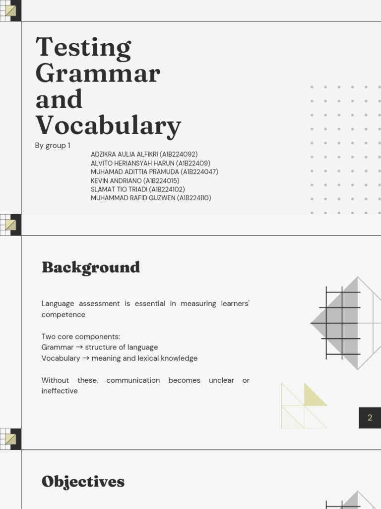 Group 1 - Testing Grammar and Vocabulary | PDF | Multiple Choice ...
