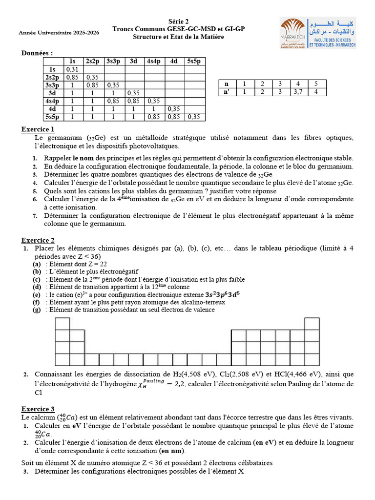 TD2 Sem 2025-2026 | PDF | Configuration électronique | Physique théorique