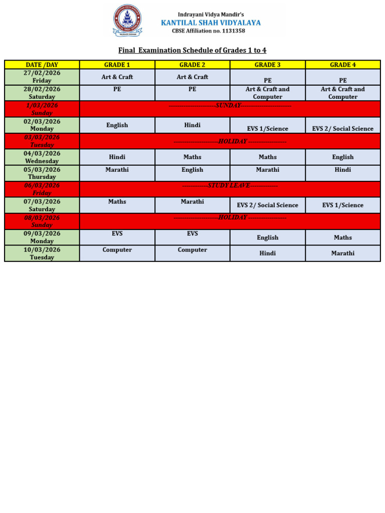 Final Examination Schedule of Grades 1 to 4 | PDF