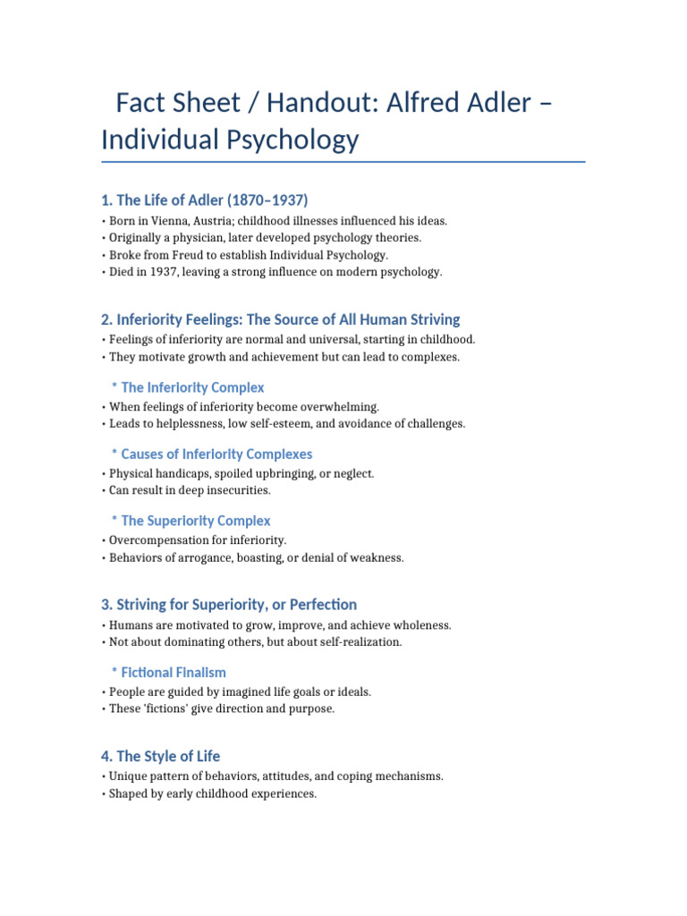 Alfred Adler Individual Psychology FactSheet Flow | PDF