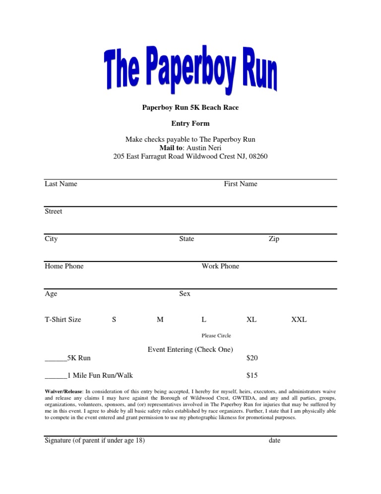 Paperboy Run 5K Entry Form | PDF