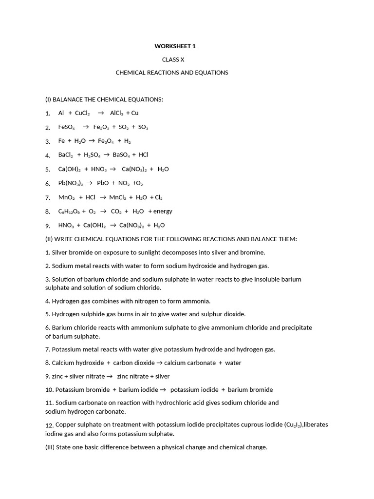 Worksheet - Chemical Reactions and Equations | PDF | Chemical Reactions ...