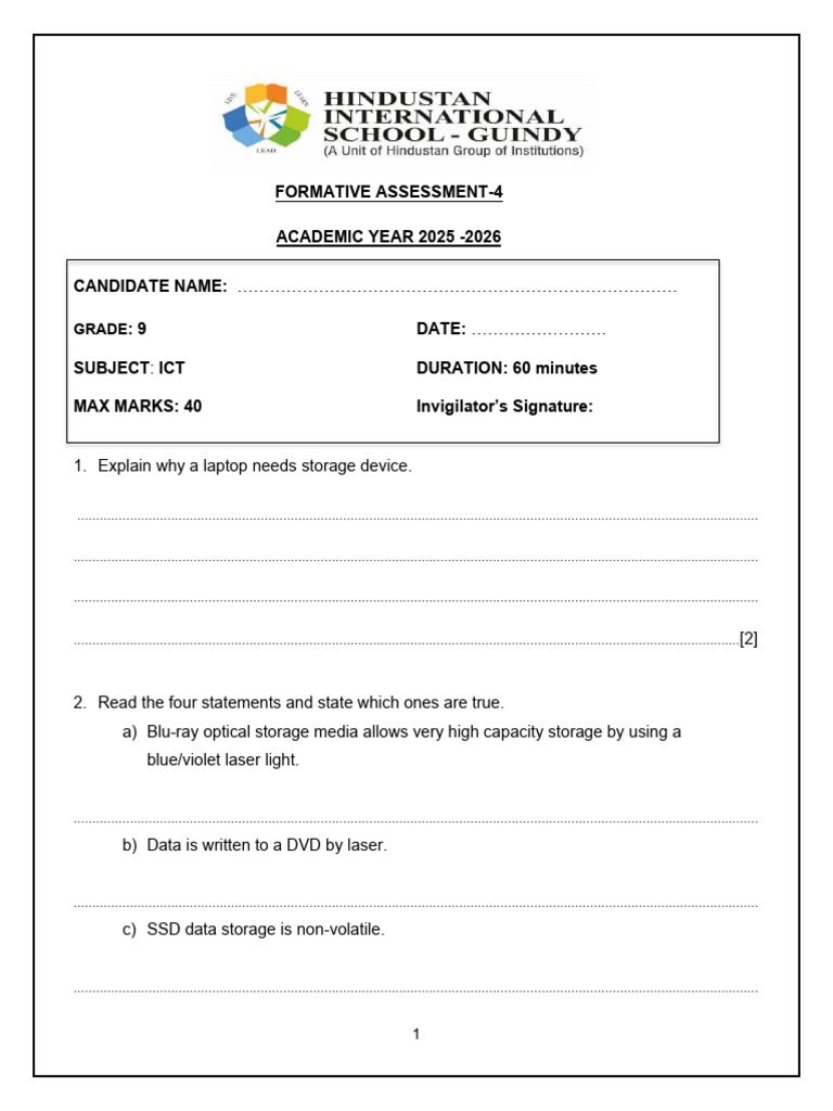 Qp Ict Class 9 Fa 4 | PDF | Computer Data Storage | Solid State Drive