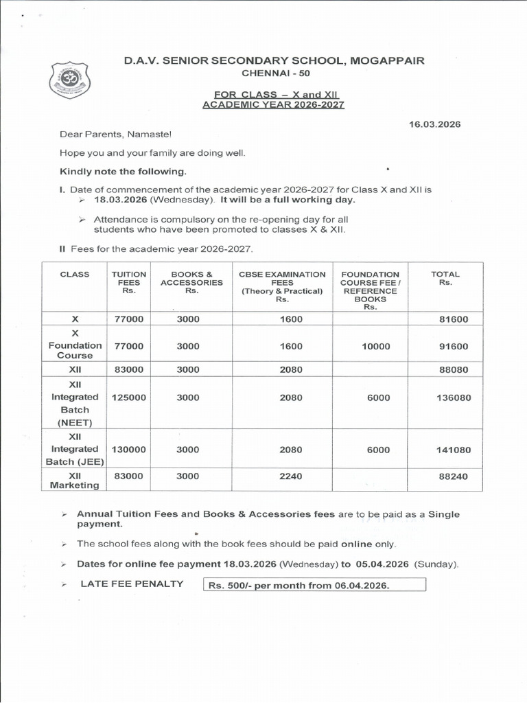 Fee Circular Class X & XII 2026-27 | PDF