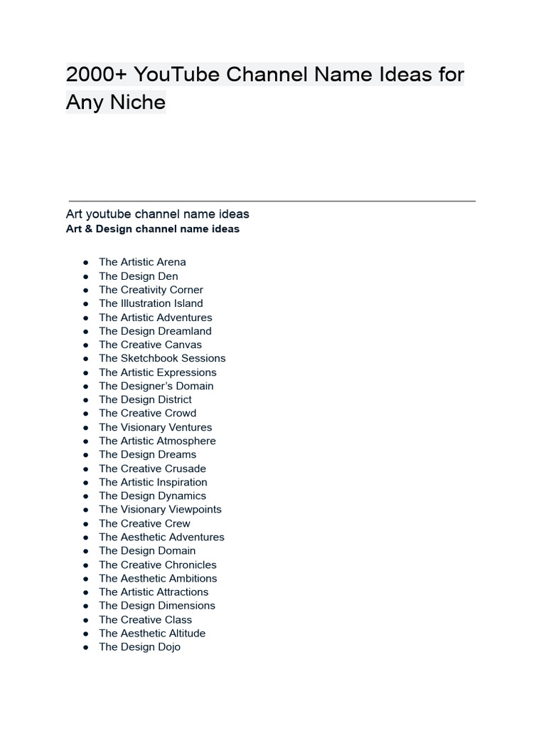 2000 YouTube Channel Name Ideas For Any Niche - Kati - VN | PDF | Jokes ...