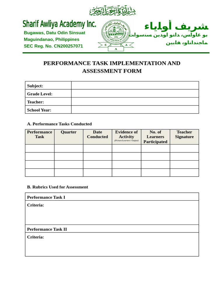 Performance Task Implementation and Assessment Form | PDF