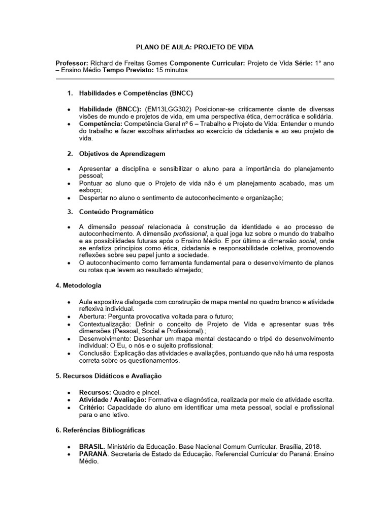 Plano de Aula - Projeto de Vida - Apg | PDF | Competência (Recursos ...